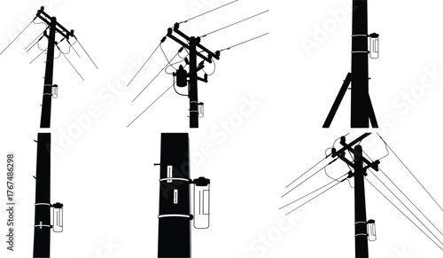 Silhouette of electric utility poles with power lines, transformers, and cables, electricity transmission, urban infrastructure, black and white vector illustration