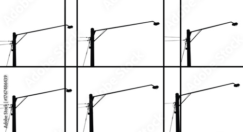 Silhouette of street light poles with power cables, modern urban infrastructure, electricity distribution, night lighting design, black and white vector illustration