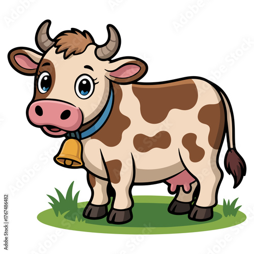 A cute cow with spots, a bell, and a collar. She stands peacefully on the grass and brings joy