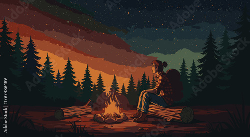 A lone hiker rests by a warm bonfire, watching the vibrant aurora in a tranquil, pixelated wilderness scene