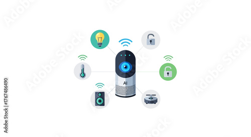 Smart home assistant hub controlling various connected devices.
