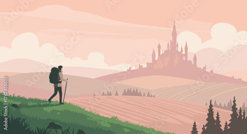 A solitary traveler with a backpack embarks on a journey across rolling hills towards a distant, majestic castle under a soft, pastel sky