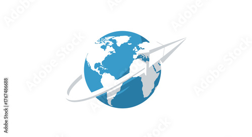 Stylized blue planet Earth with an orbiting ring icon.