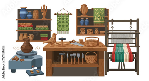 Traditional Craft Workshop with Pottery Weaving and Woodworking Tools.