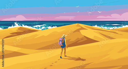 Woman With Backpack Walking Through Desert Landscape Towards Ocean Horizon