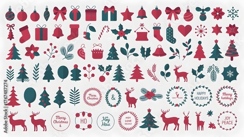 Collection of festive christmas ornaments and decorations in red and green