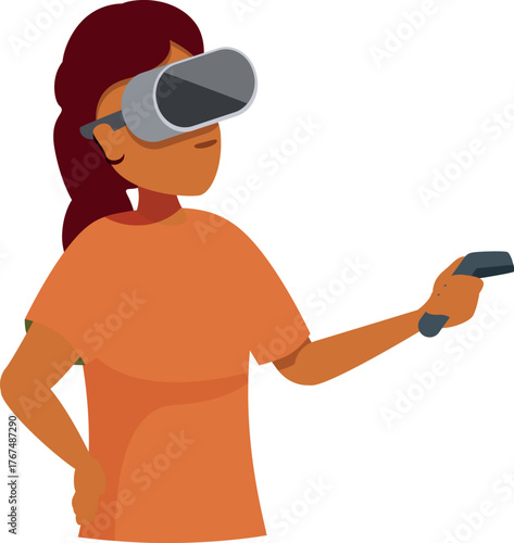 Woman wearing virtual reality headset and holding controller experiencing metaverse