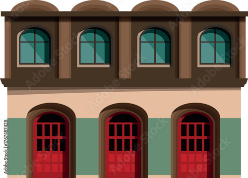 Illustration of a fire station building with three red garage doors and arched windows, suggesting safety and emergency response
