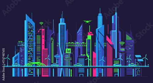 Vibrant neon futuristic cityscape with modern architecture and sustainable technology.