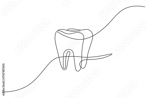 Minimalist tooth outline one line art symbol for dentist and oral care concept
