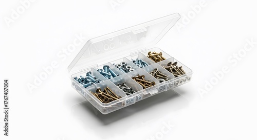 Hardware Variety: A clear organizer box showcases an assortment of metal hardware. Each compartment neatly holds screws and bolts, ready for a myriad of construction or repair tasks.