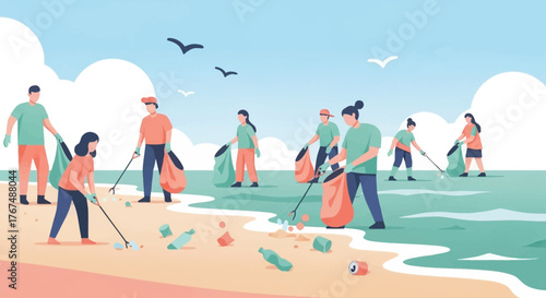 Volunteers cleaning beach removing trash environmental conservation effort.