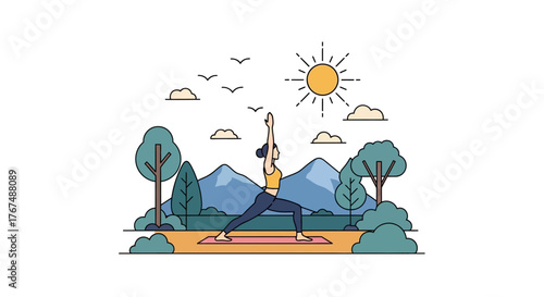 Woman practicing yoga outdoors in a serene natural setting.