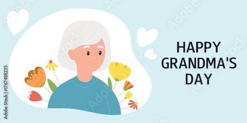 Happy Grandmothers Day. Horizontal greeting card with smiling grandmother character and flowers. Vector illustration.