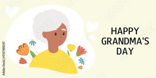 Happy Grandmothers Day. Greeting card with smiling Older Black Woman character and flowers. Vector illustration.