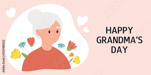 Happy Grandmother's Day. Greeting card with cute smiling grandmother character and flowers. Vector illustration. 
