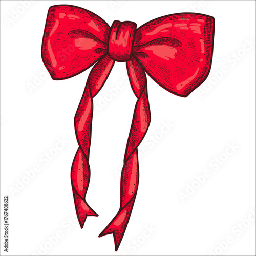 Hand drawn red bow in vintage style. Christmas decor. Vector illustration