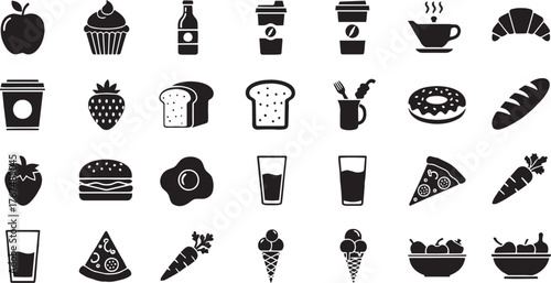 Collection of diverse food and drink icons representing popular items for various uses