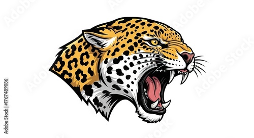 Illustration of a snarling jaguars head Its orange with black spots with its mouth wide open showing teeth and tongue