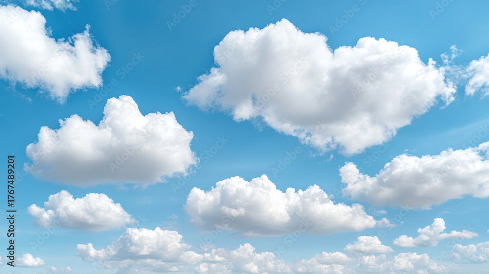 Fototapeta premium Fluffy white clouds float in bright turquoise sky, creating serene summer atmosphere