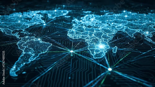 Wallpaper Mural Global digital network with glowing connections on a circuit board world map, technology and data communication concept Torontodigital.ca
