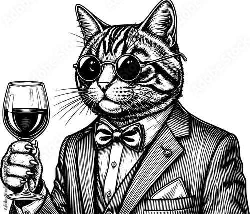 A sophisticated cat wearing round sunglasses, a pinstripe suit, and a bow tie, holding a wine glass filled with red wine in its paw