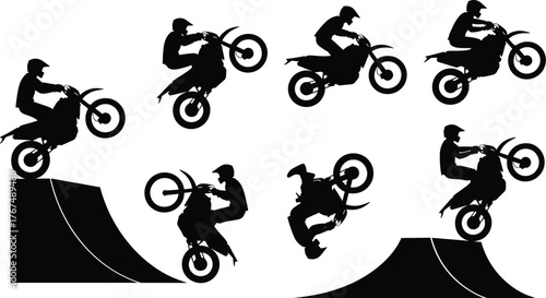 Motorcycle stunt rider silhouettes jumping a ramp, performing a wheelie, action sports, extreme motocross jumping illustration set.