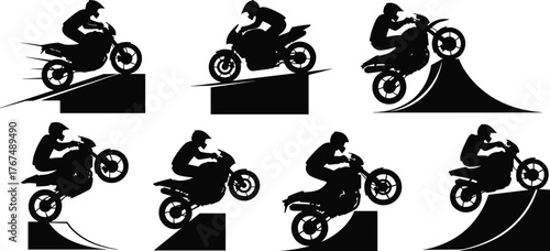 Motorcycle stunt rider silhouettes jumping a ramp, performing a wheelie, action sports, extreme motocross jumping illustration set.