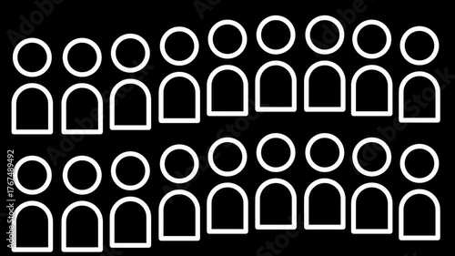 A large group of minimal white icons of people arranged together symbolizes community, social connection, unity, and the shared strength of collective participation in society.