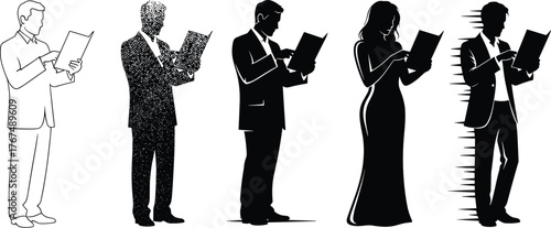 Businessmen silhouettes reading documents, contracts, or reports, professional men in suits reviewing paperwork, full length isolated figures.