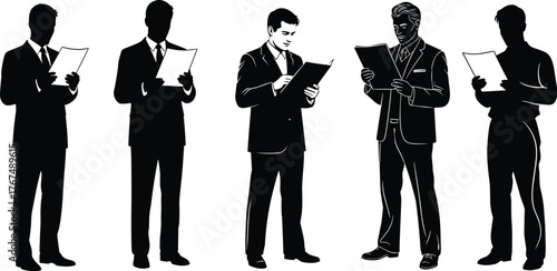 Businessmen silhouettes reading documents, contracts, or reports, professional men in suits reviewing paperwork, full length isolated figures.