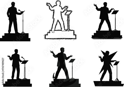 Dramatic silhouettes of speakers and performers on a stage, public speaking, presentation, lecturer, podium, microphone, motivation, energetic orator, isolated illustration.