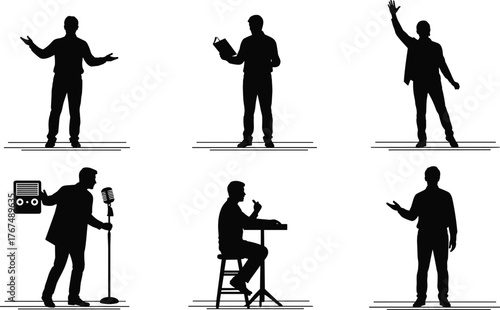 Silhouettes of people speaking, presenting, reading, or performing, public speaking, lecturer, presenter, communicator, announcer, raising hand, vintage microphone, isolated illustration.