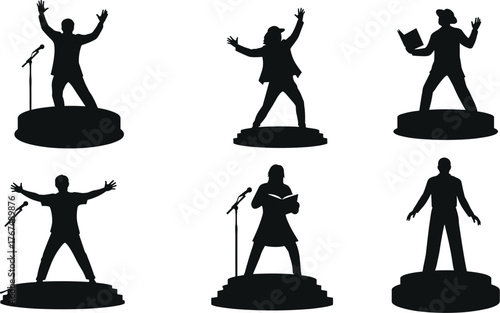Silhouettes of performers and speakers on a stage, public speaking, presentation, stand-up comedy, reading, or protesting, group of people performing, raising hands.