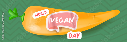 World Vegan day 1 November banner design template with carrot. Vegan day green geometric banner with text and vegetable. Go Vegan. Green abstract geometric background.