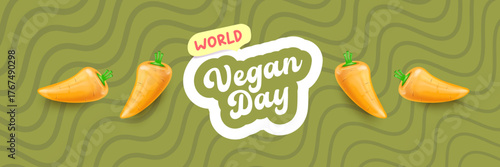 World Vegan day 1 November banner design template with carrot. Vegan day green geometric banner with text and vegetable. Go Vegan. Green abstract geometric background.