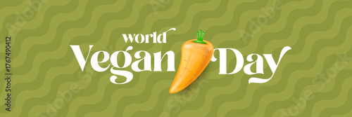 World Vegan day 1 November banner design template with carrot. Vegan day green geometric banner with text and vegetable. Go Vegan. Green abstract geometric background.