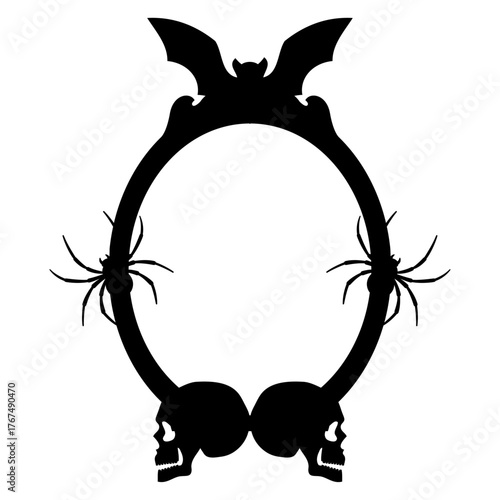 Logo con silueta de marco ovalado de espejo decorativo con murciélago, arañas y calaveras para tarjetas y felicitaciones de Halloween
