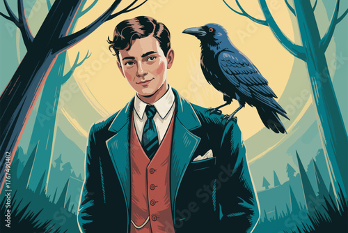 A man in a suit stands with a raven perched on his shoulder against a stylized forest backdrop