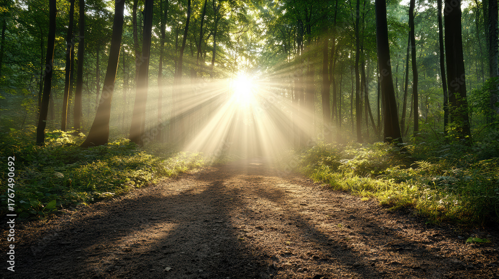 Fototapeta premium Sunlight beams shining through trees in serene forest trail, creating magical atmosphere
