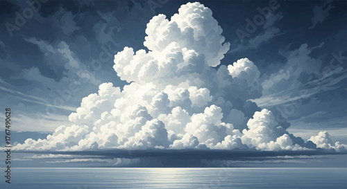 Clouds Watercolor Serenity Majestic White Clouds Above a Calm Sea, Soft Watercolor Illustration