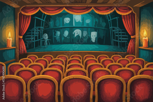 A vacant theater with red seats a stage with cartoonish figures and candles