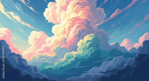 Watercolor Clouds A Radiant Sky with Pastel Hues and Soft, Dreamlike Formations