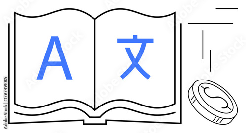 Open book with large A and Chinese character indicating multiple languages, next to a coin. Ideal for language learning, translation, globalization, cross-cultural exchange, education, communication