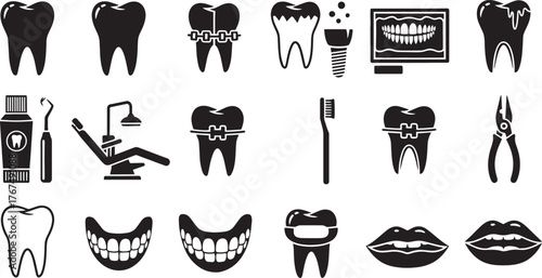 Collection of dental vector icons tooth health mouth hygiene tools dentist symbols healthcare objects