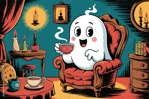 Ghost enjoys tea in an ornate chair surrounded by candles and antique furniture