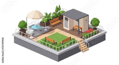 Isometric rooftop garden with a shed and patio furniture.