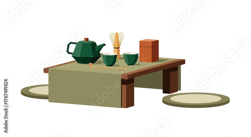 Japanese tea ceremony setup with teapot cups and accessories on a low table.