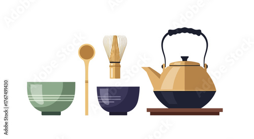 Japanese Tea Ceremony Utensils and Kettle Set.