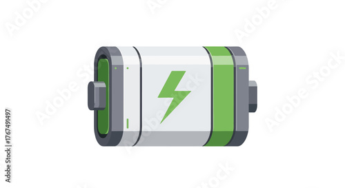 Modern rechargeable battery with green lightning bolt symbol isolated.